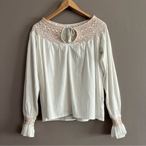Faherty Laura Embroidered Tie Neck Top Whisper White Boho Gauze Size XSmall